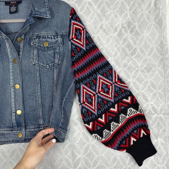 Flying Tomato Sweater Sleeve Jean Jacket Women Medium Denim Boho Hippie Festival - Picture 2 of 10